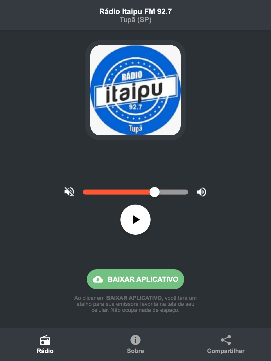 Screenshot do aplicativo da Rádio Itaipu FM 92.7