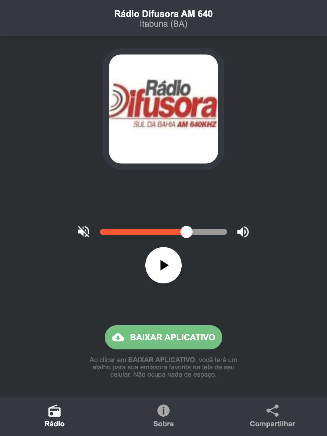 Screenshot do aplicativo da Rádio Difusora AM 640
