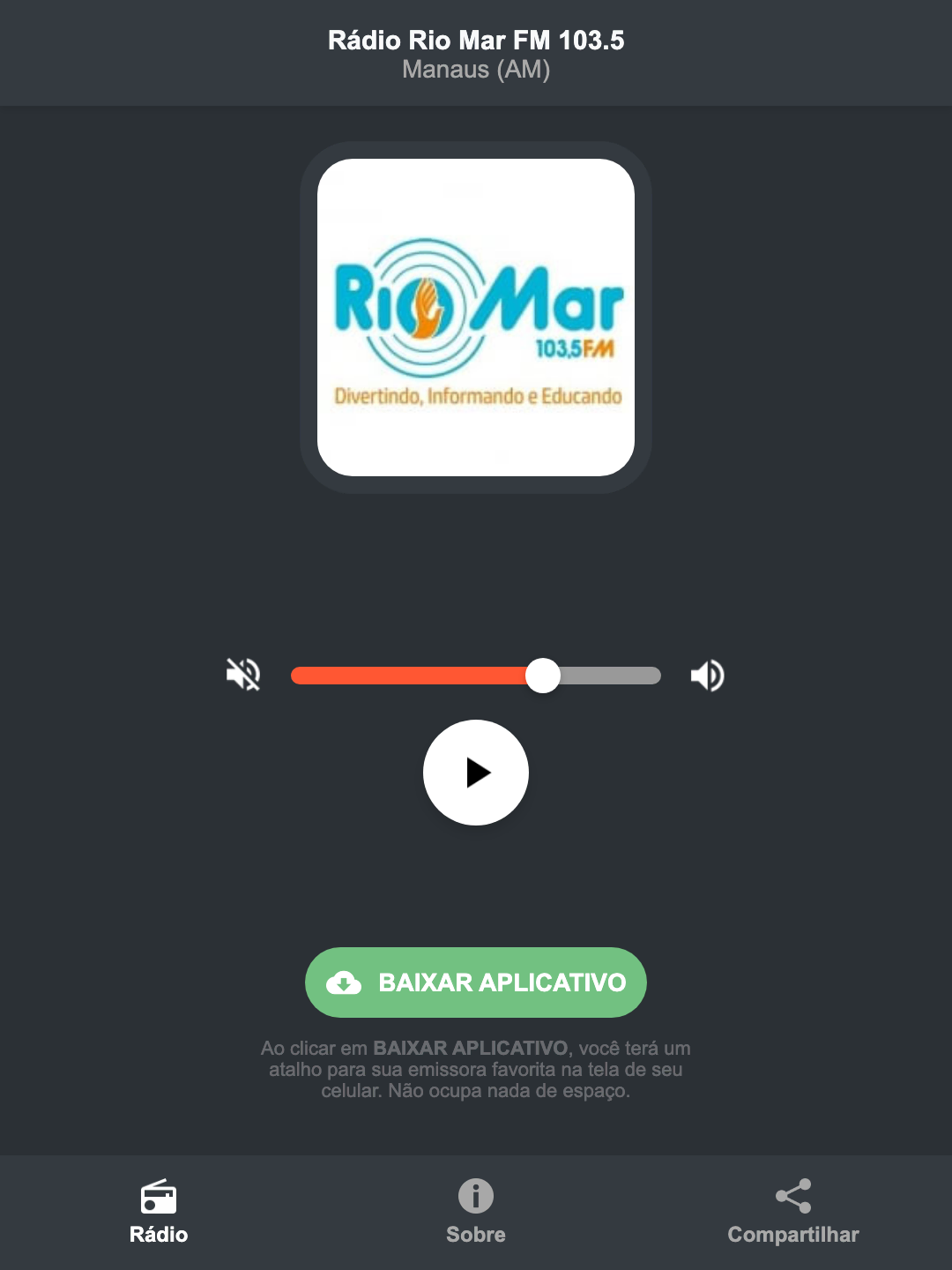 Screenshot do aplicativo da Rádio Rio Mar FM 103.5