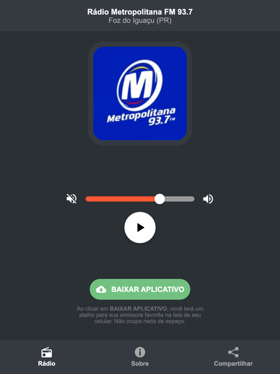 Screenshot do aplicativo da Rádio Metropolitana FM 93.7