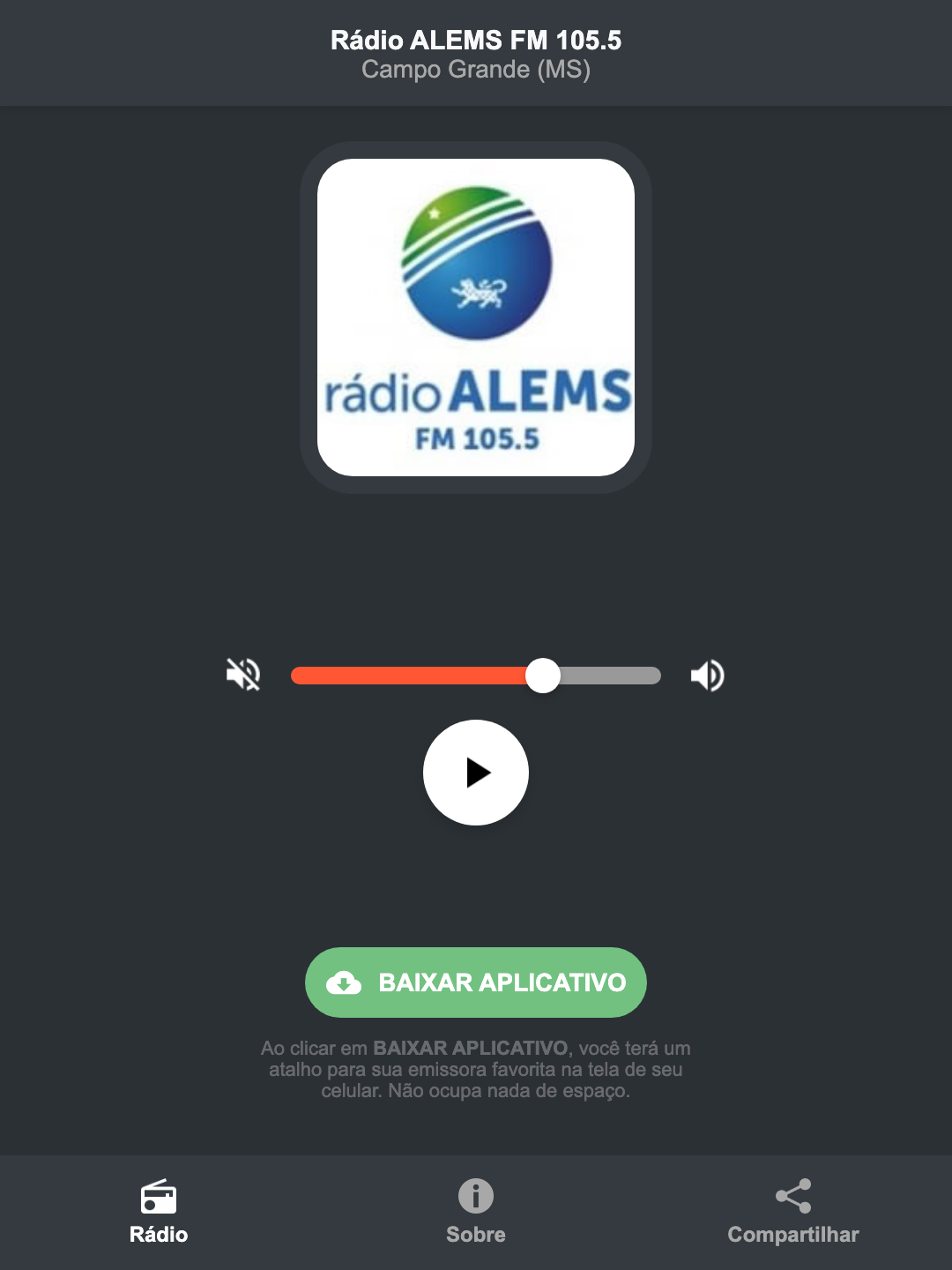 Screenshot do aplicativo da Rádio ALEMS FM 105.5