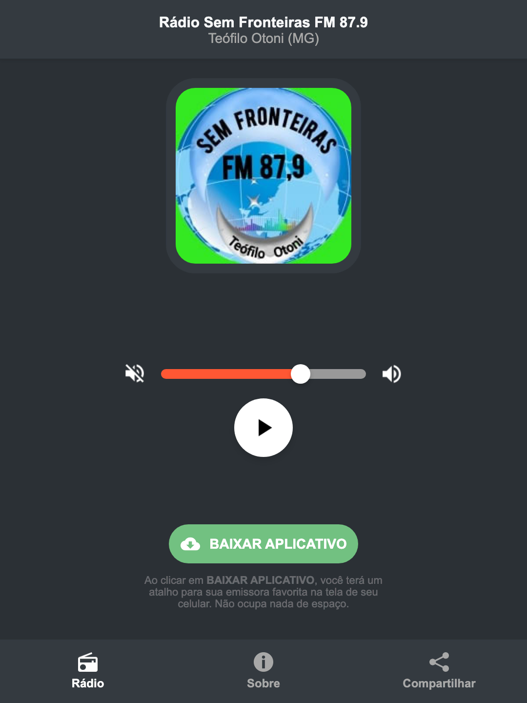 Screenshot do aplicativo da Rádio Sem Fronteiras FM 87.9