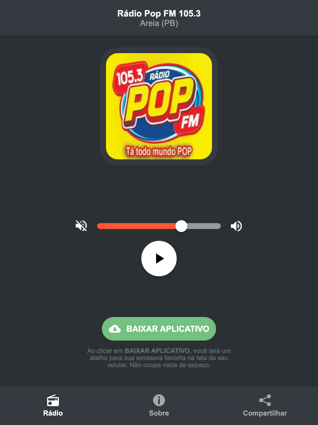 Screenshot do aplicativo da Rádio Pop FM 105.3