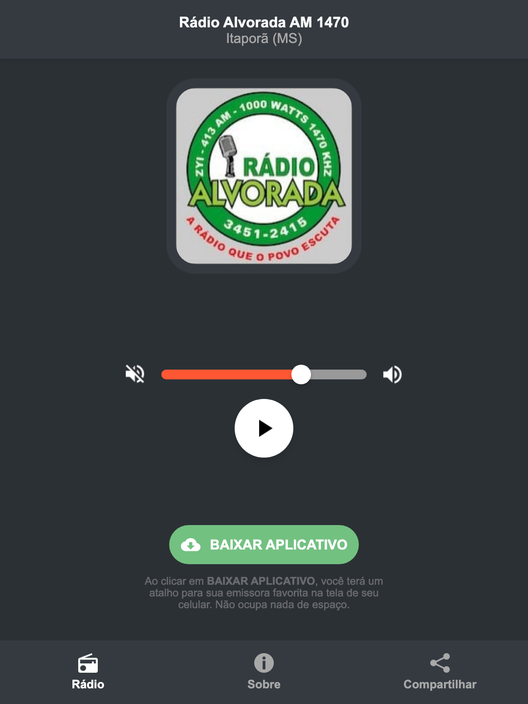 Screenshot do aplicativo da Rádio Alvorada AM 1470