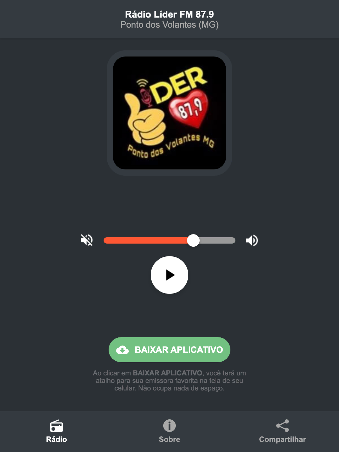 Screenshot do aplicativo da Rádio Líder FM 87.9