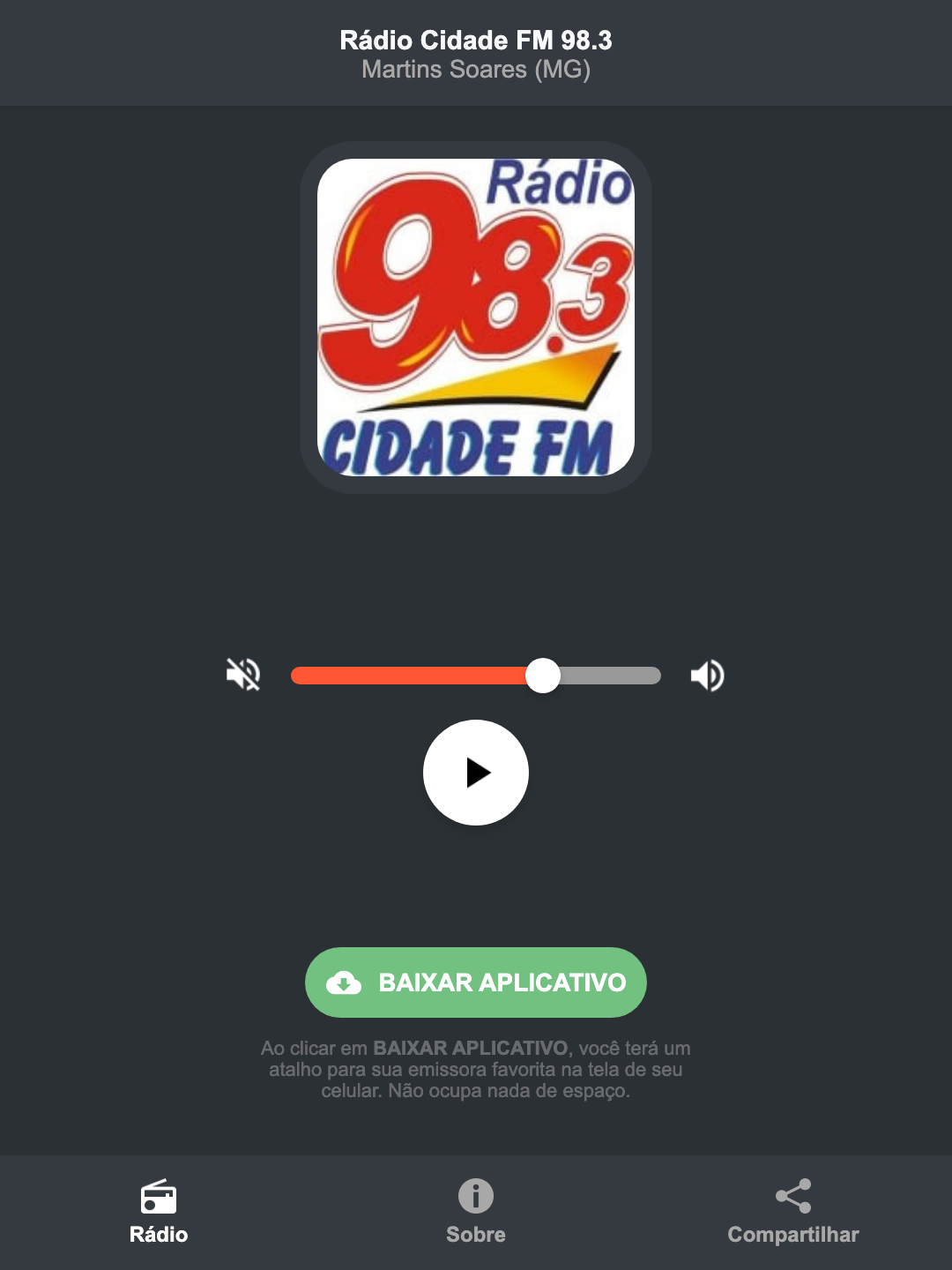 Screenshot do aplicativo da Rádio Cidade FM 98.3