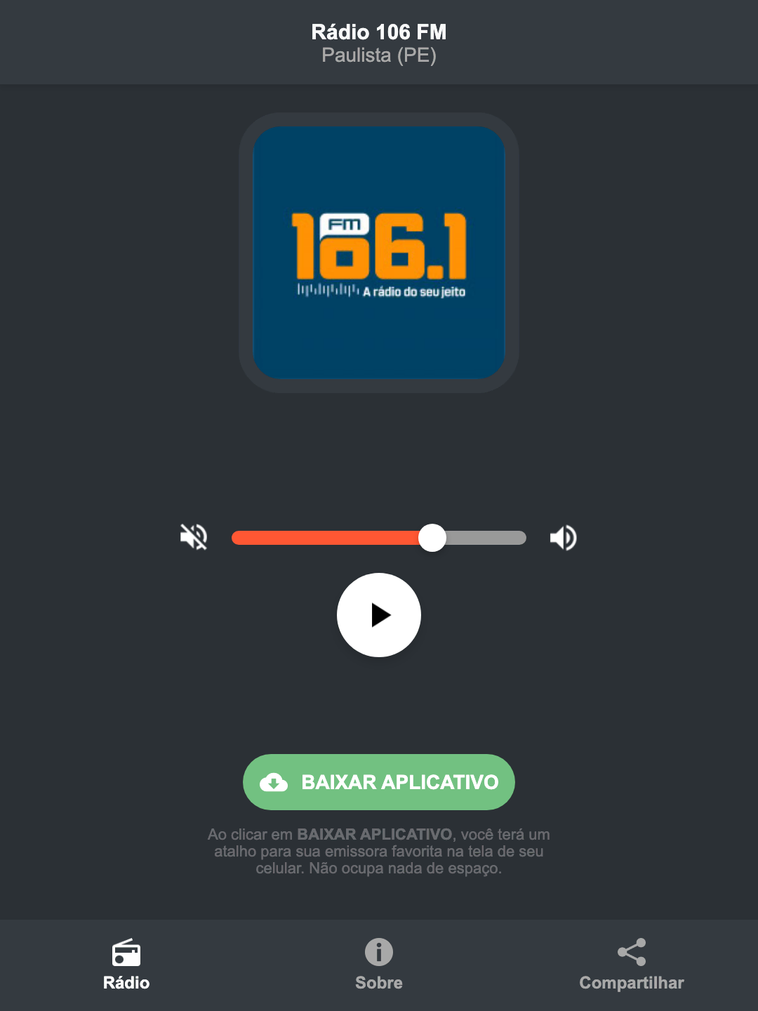 Screenshot do aplicativo da Rádio 106 FM