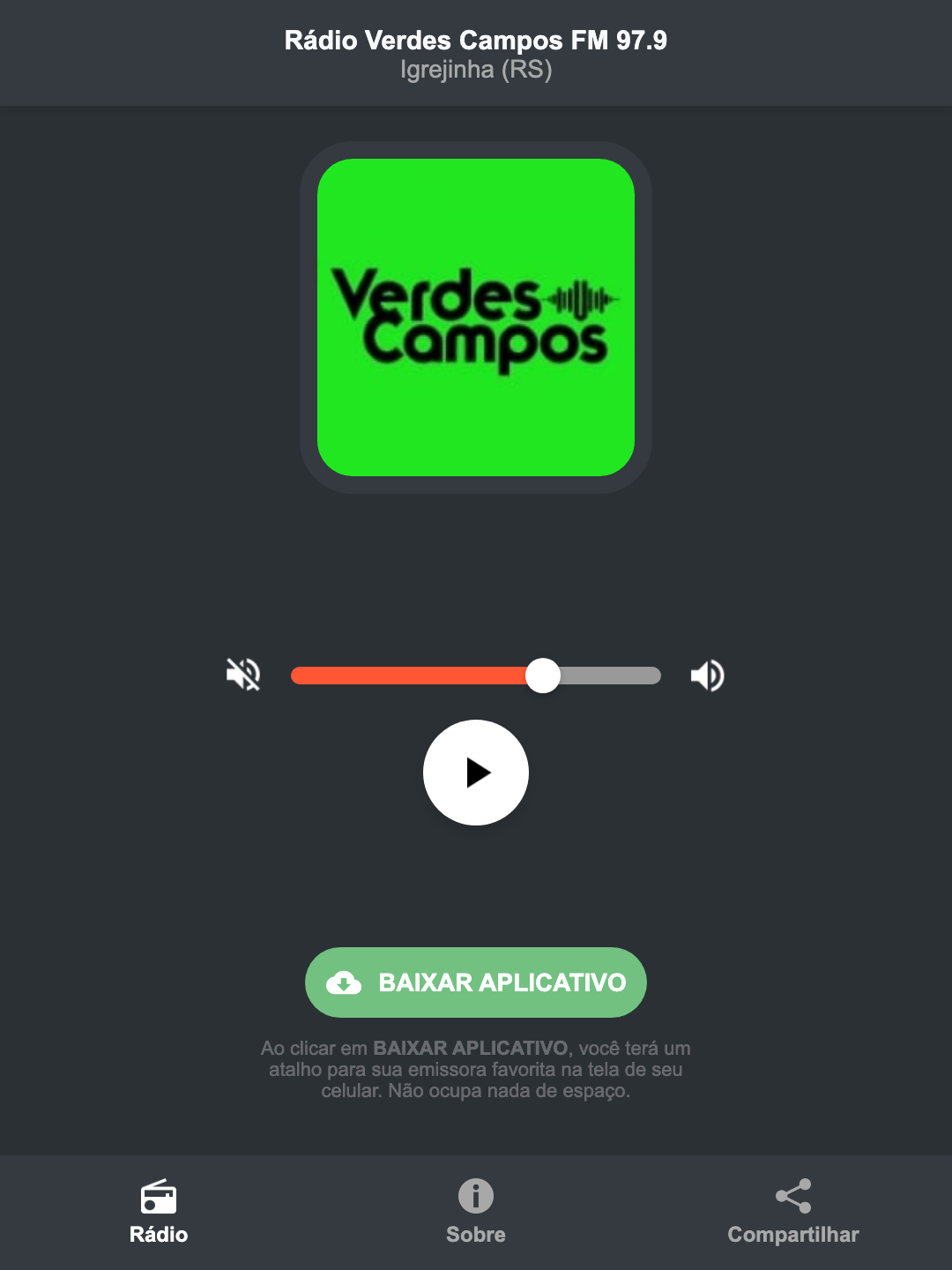 Screenshot do aplicativo da Rádio Verdes Campos FM 97.9