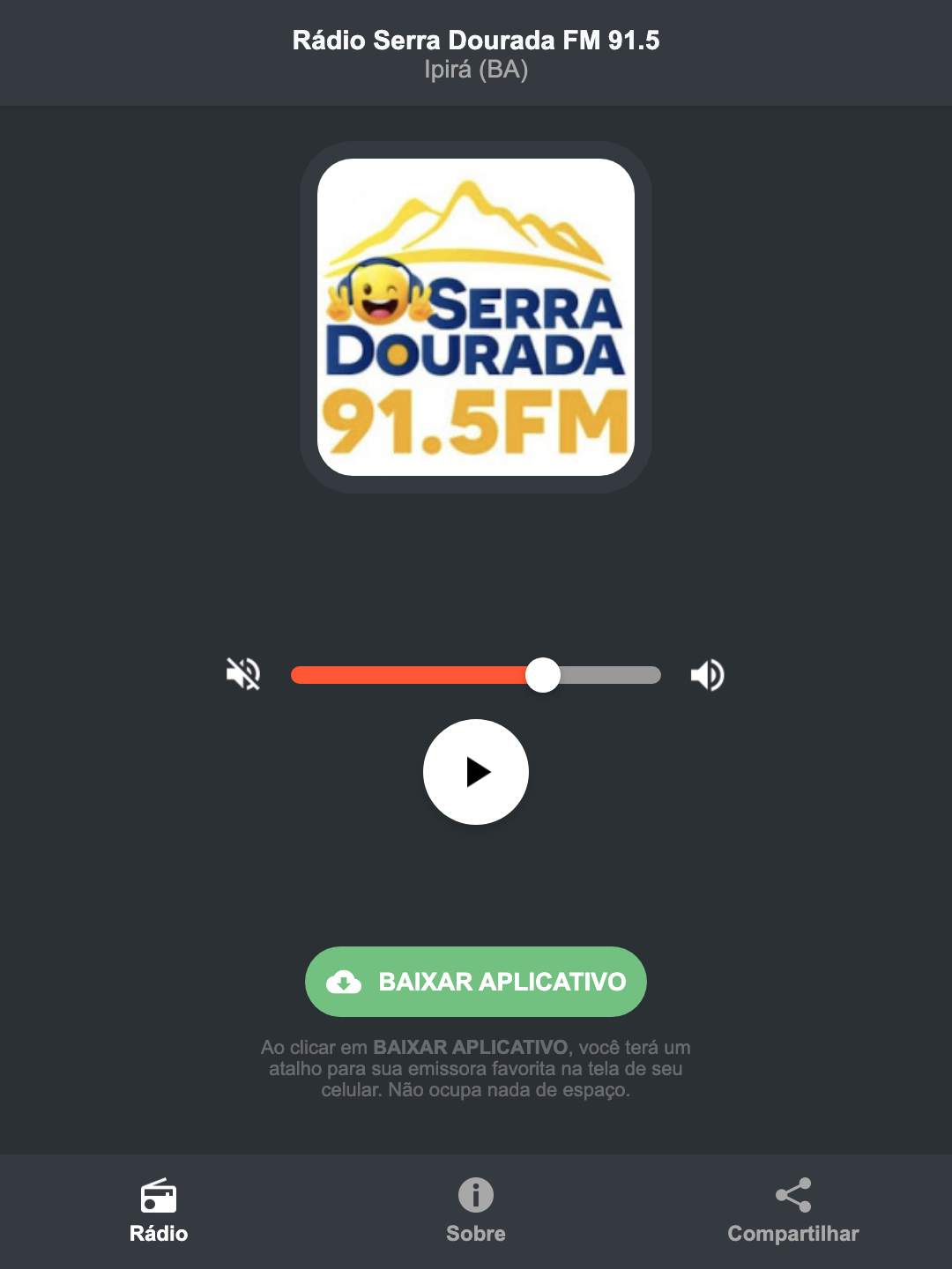 Screenshot do aplicativo da Rádio Serra Dourada FM 91.5