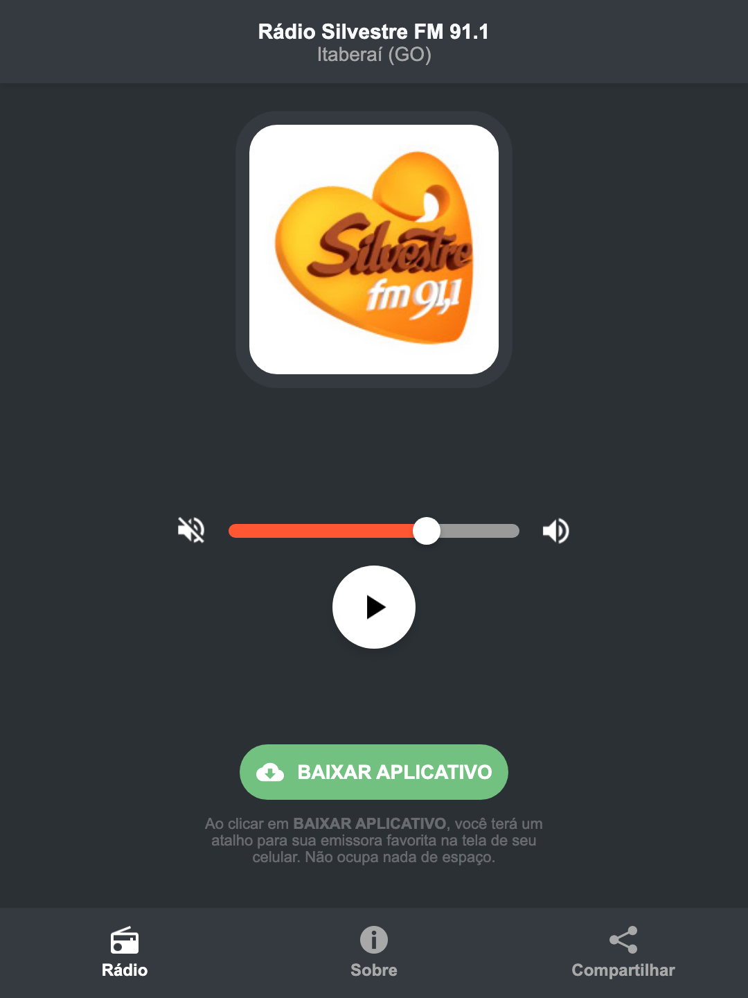 Screenshot do aplicativo da Rádio Silvestre FM 91.1