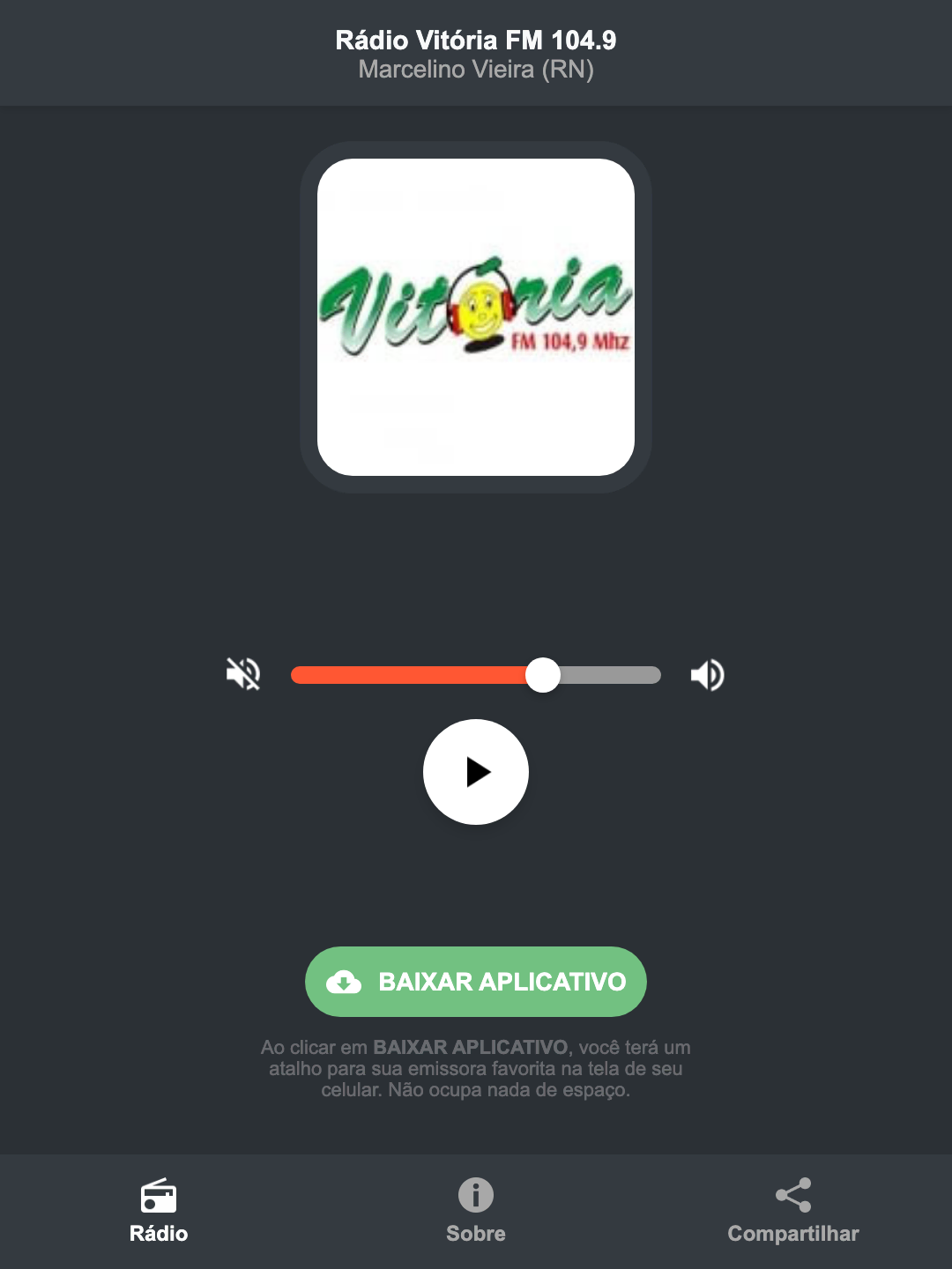 Screenshot do aplicativo da Rádio Vitória FM 104.9