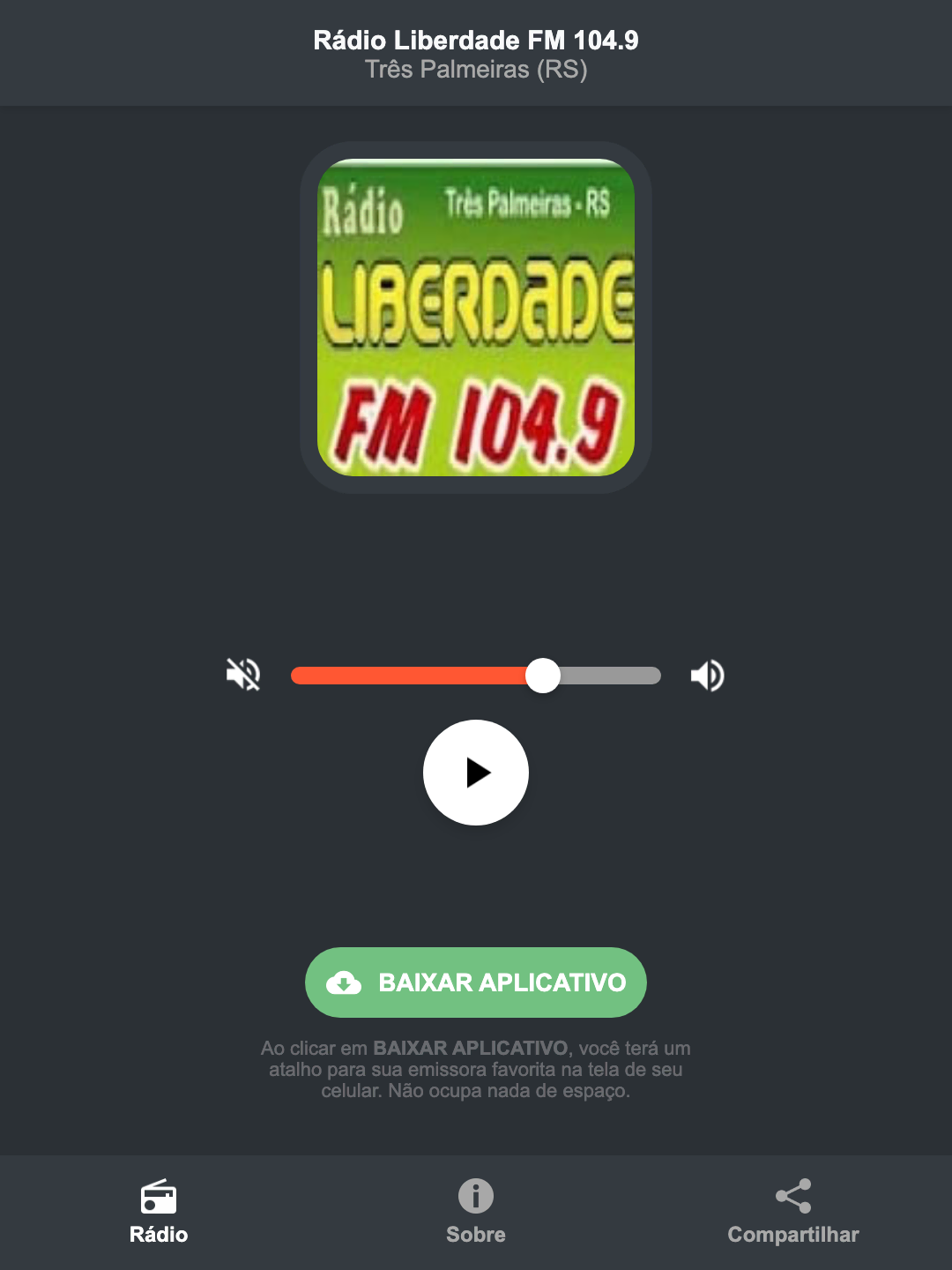 Screenshot do aplicativo da Rádio Liberdade FM 104.9