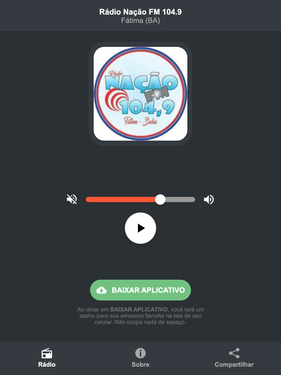 Screenshot do aplicativo da Rádio Nação FM 104.9