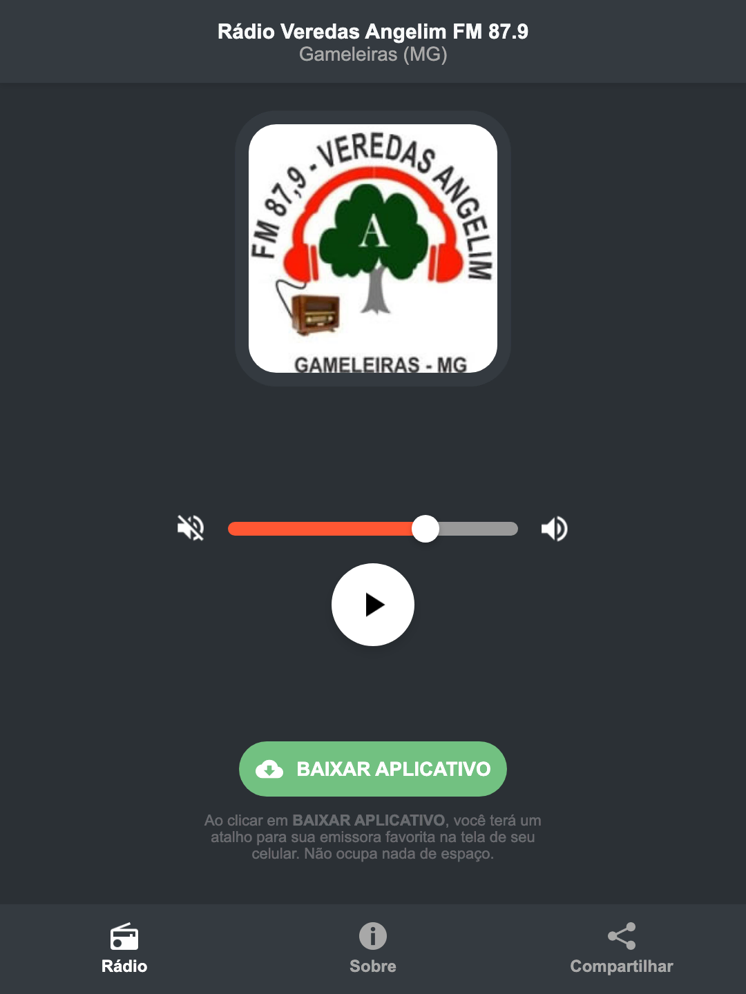 Screenshot do aplicativo da Rádio Veredas Angelim FM 87.9