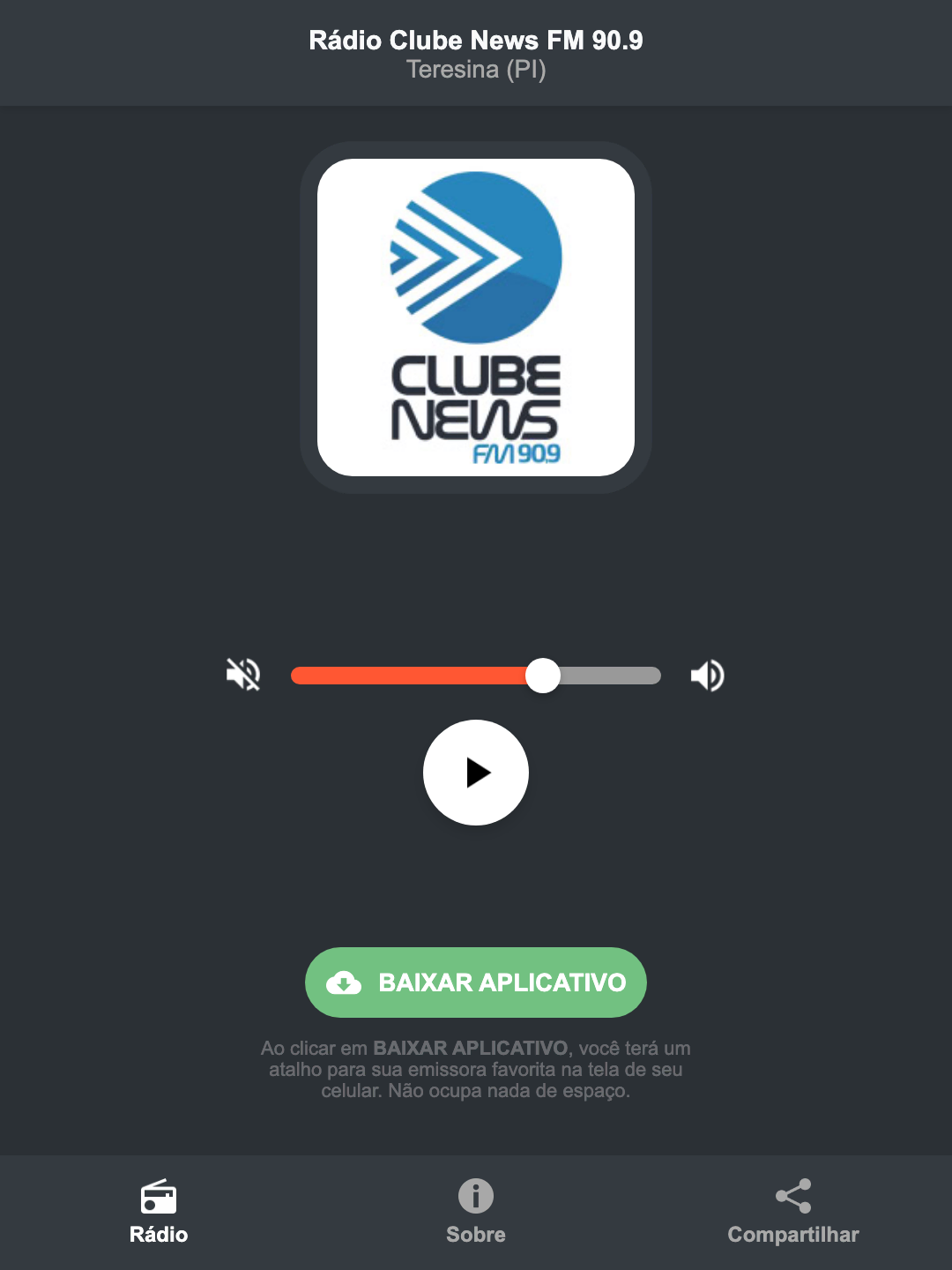Screenshot do aplicativo da Rádio Clube News FM 90.9