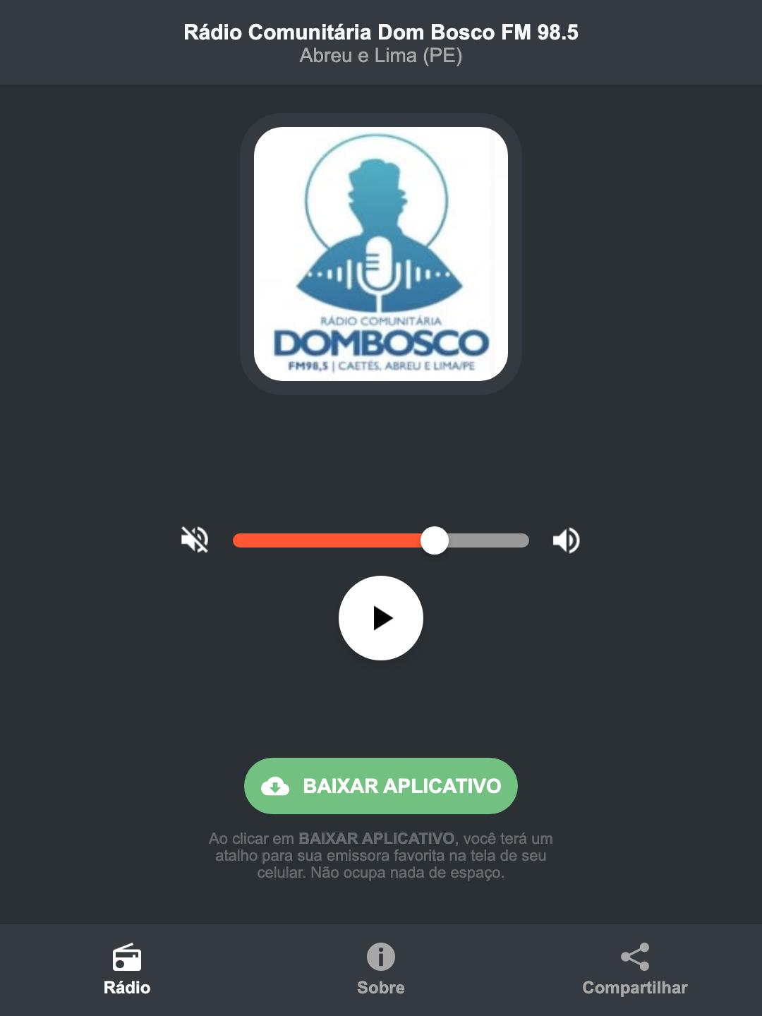 Screenshot do aplicativo da Rádio Comunitária Dom Bosco FM 98.5