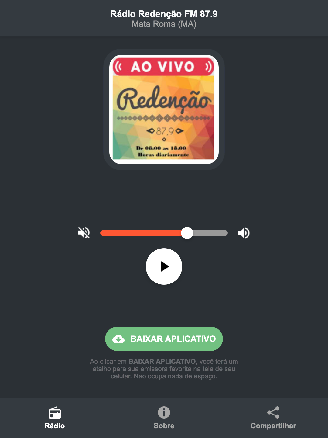 Screenshot do aplicativo da Rádio Redenção FM 87.9