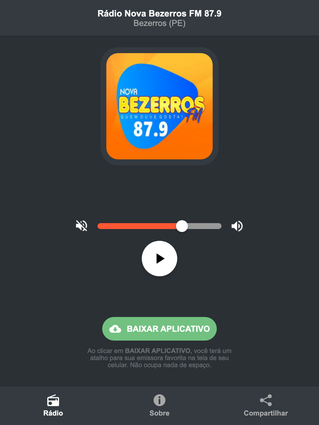 Screenshot do aplicativo da Rádio Nova Bezerros FM 87.9