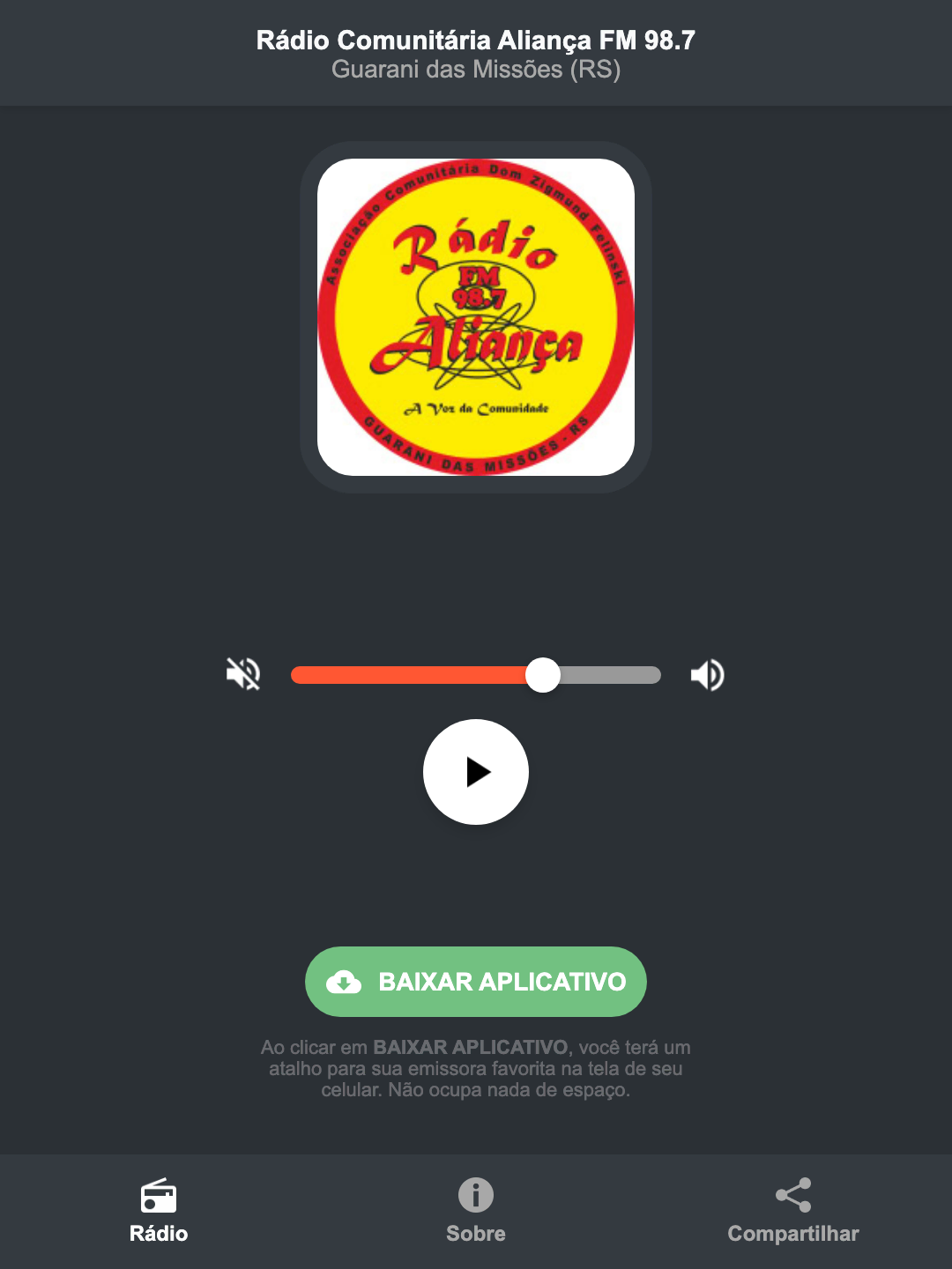 Screenshot do aplicativo da Rádio Comunitária Aliança FM 98.7