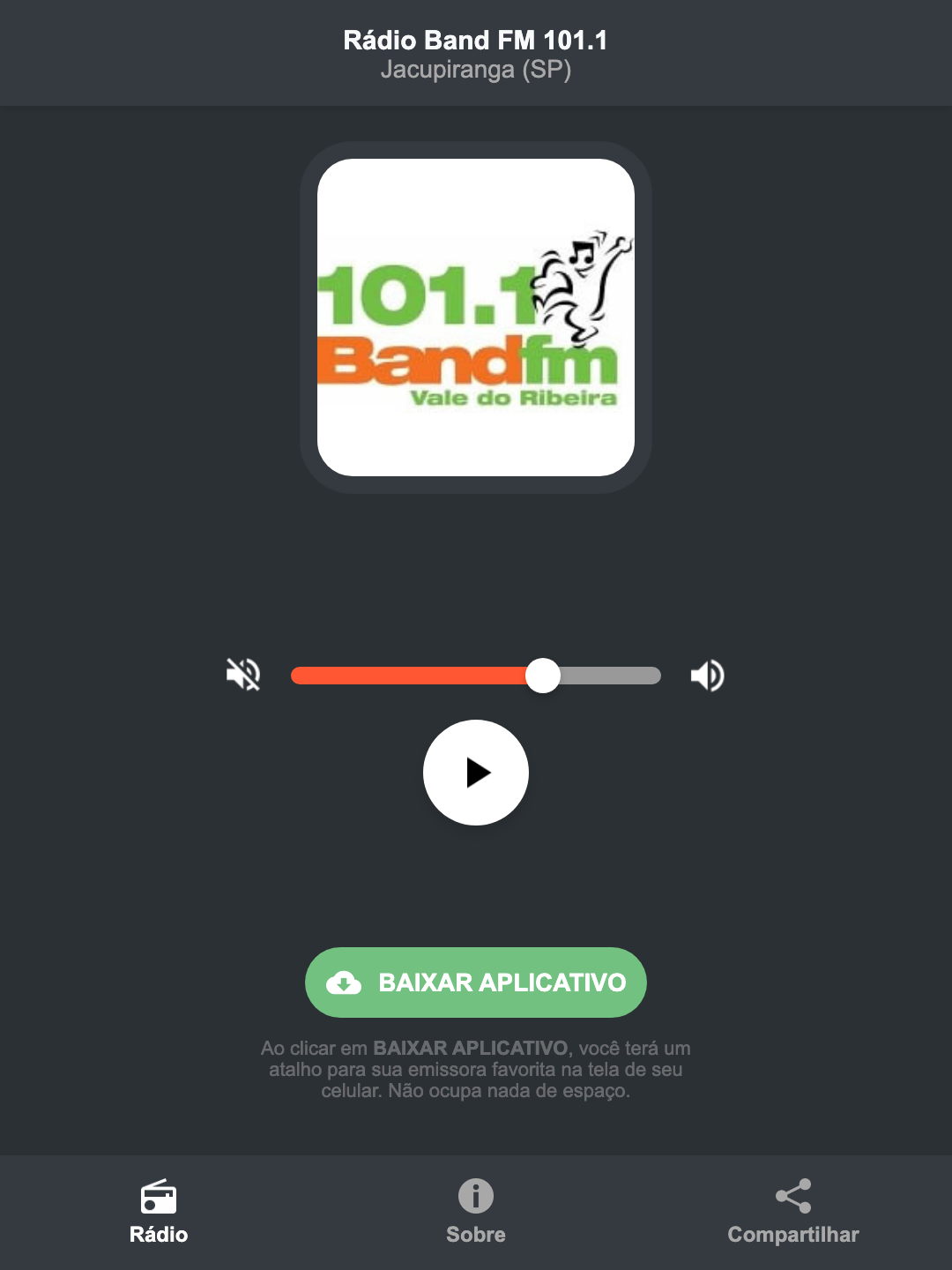 Screenshot do aplicativo da Rádio Band FM 101.1