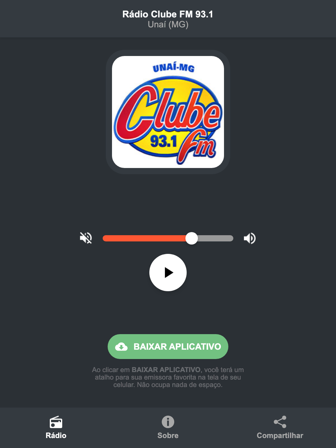 Screenshot do aplicativo da Rádio Clube FM 93.1