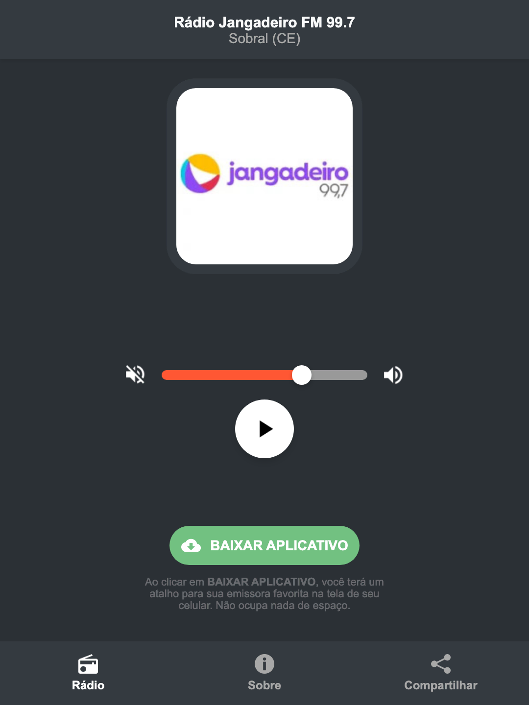 Screenshot do aplicativo da Rádio Jangadeiro FM 99.7