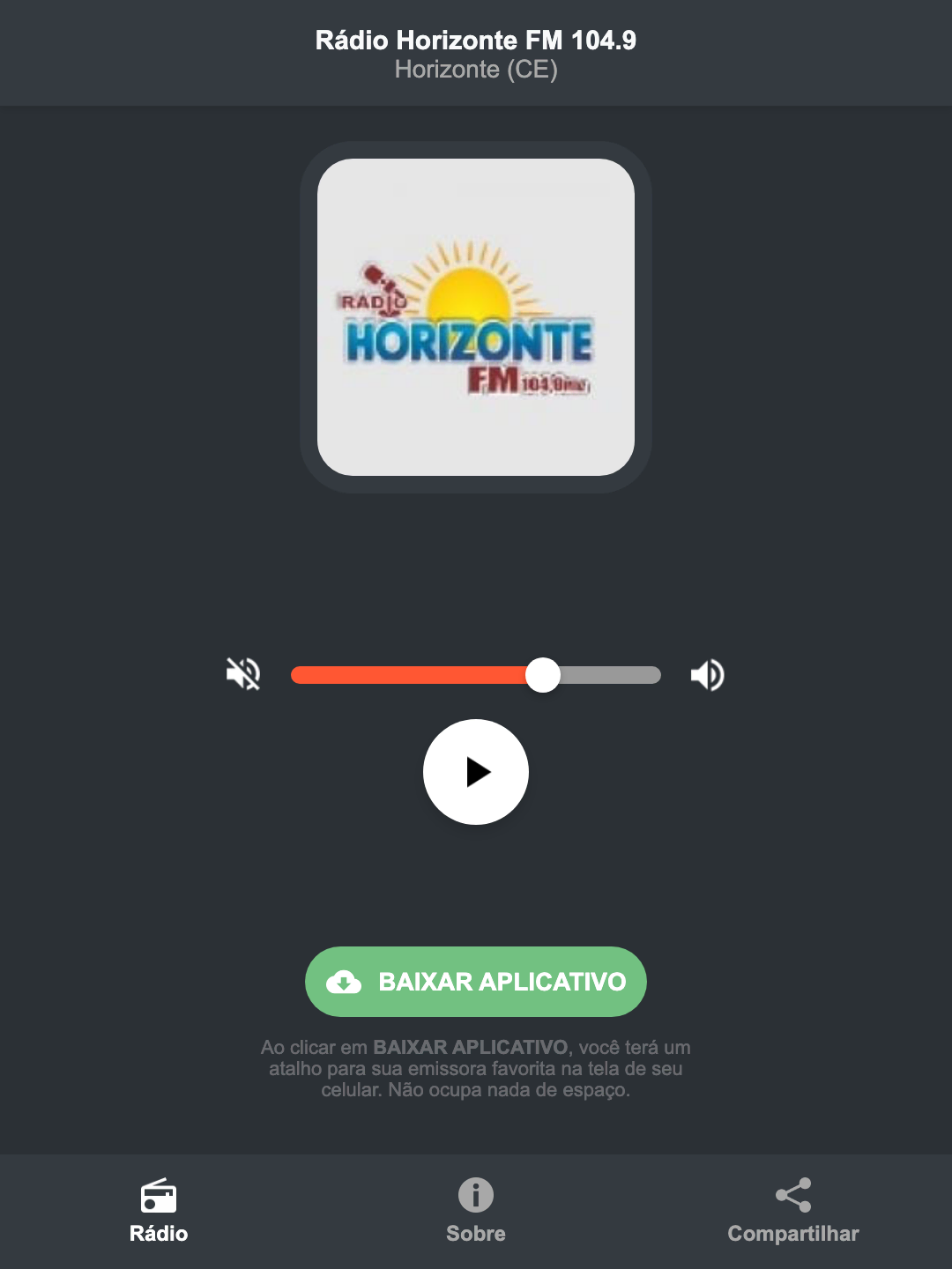 Screenshot do aplicativo da Rádio Horizonte FM 104.9
