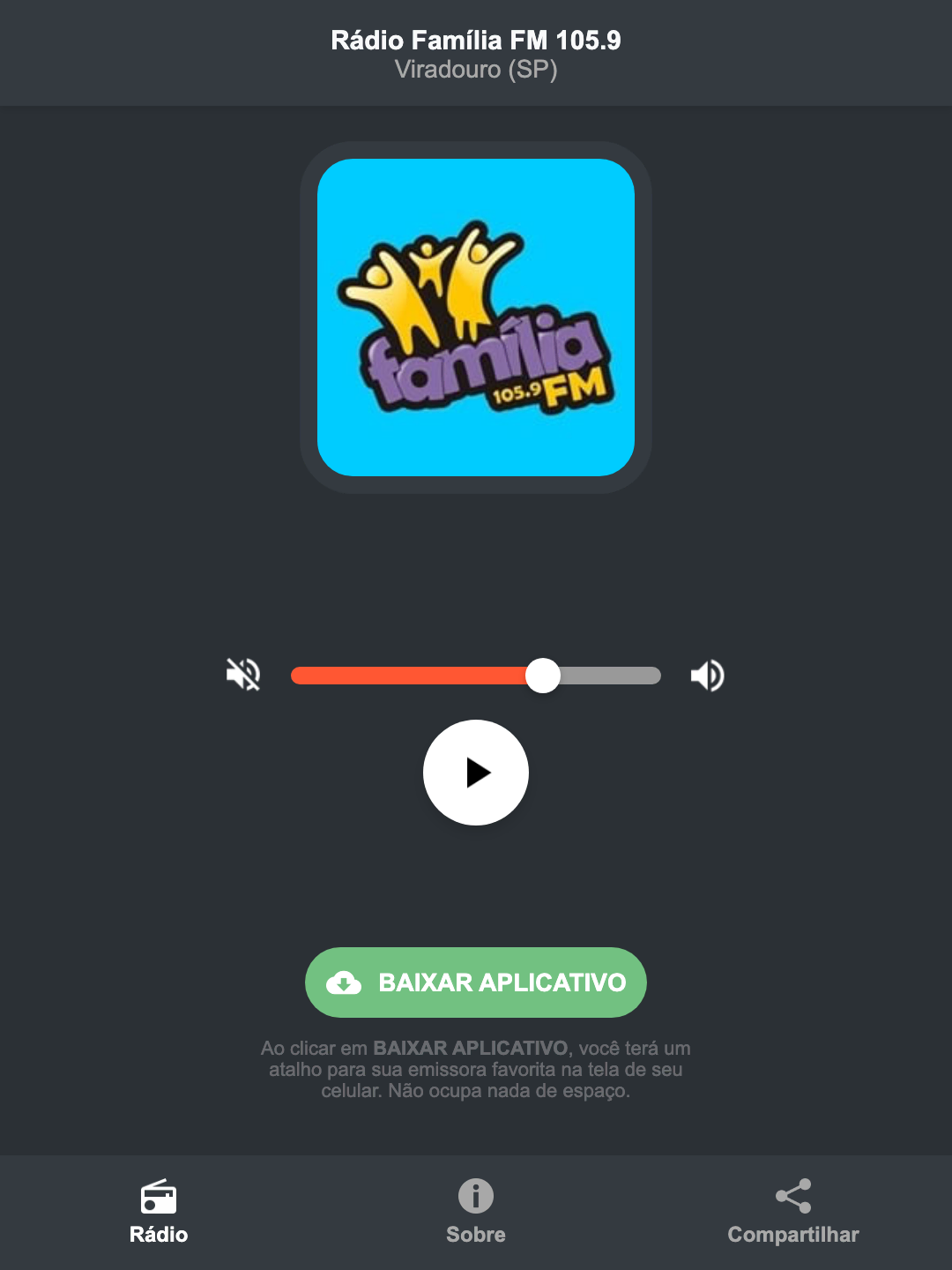 Screenshot do aplicativo da Rádio Família FM 105.9