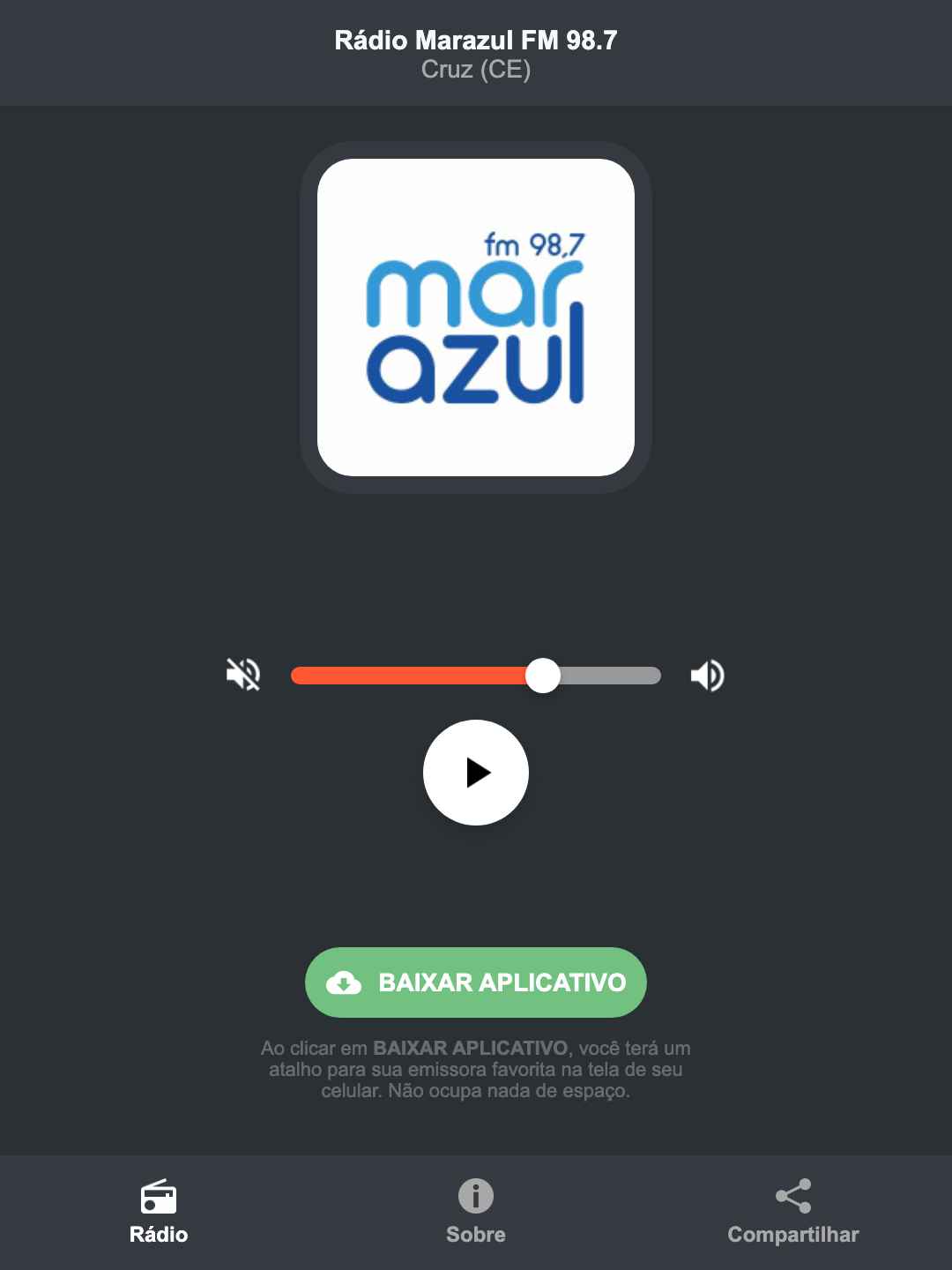 Screenshot do aplicativo da Rádio Marazul FM 98.7