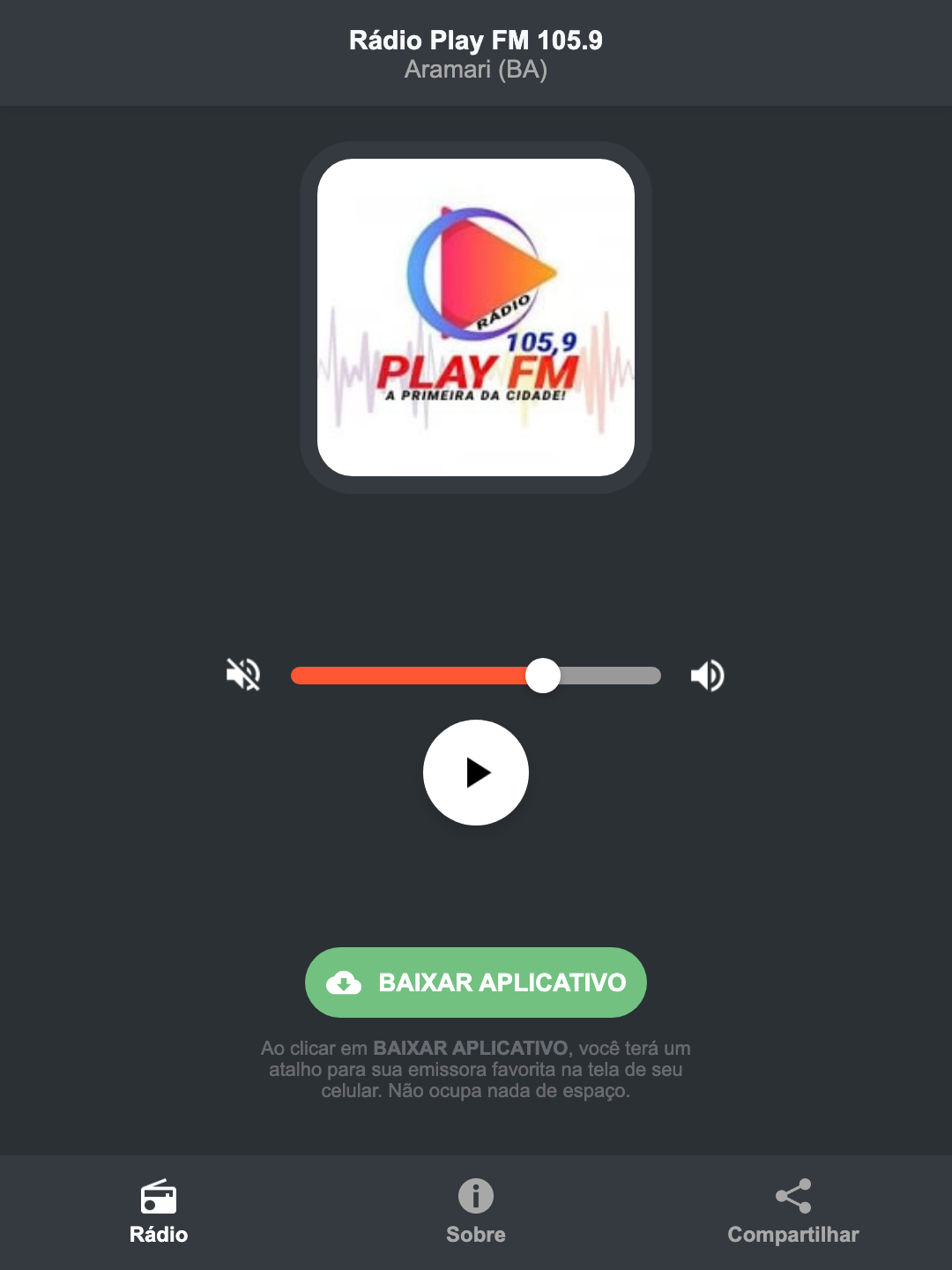 Screenshot do aplicativo da Rádio Play FM 105.9