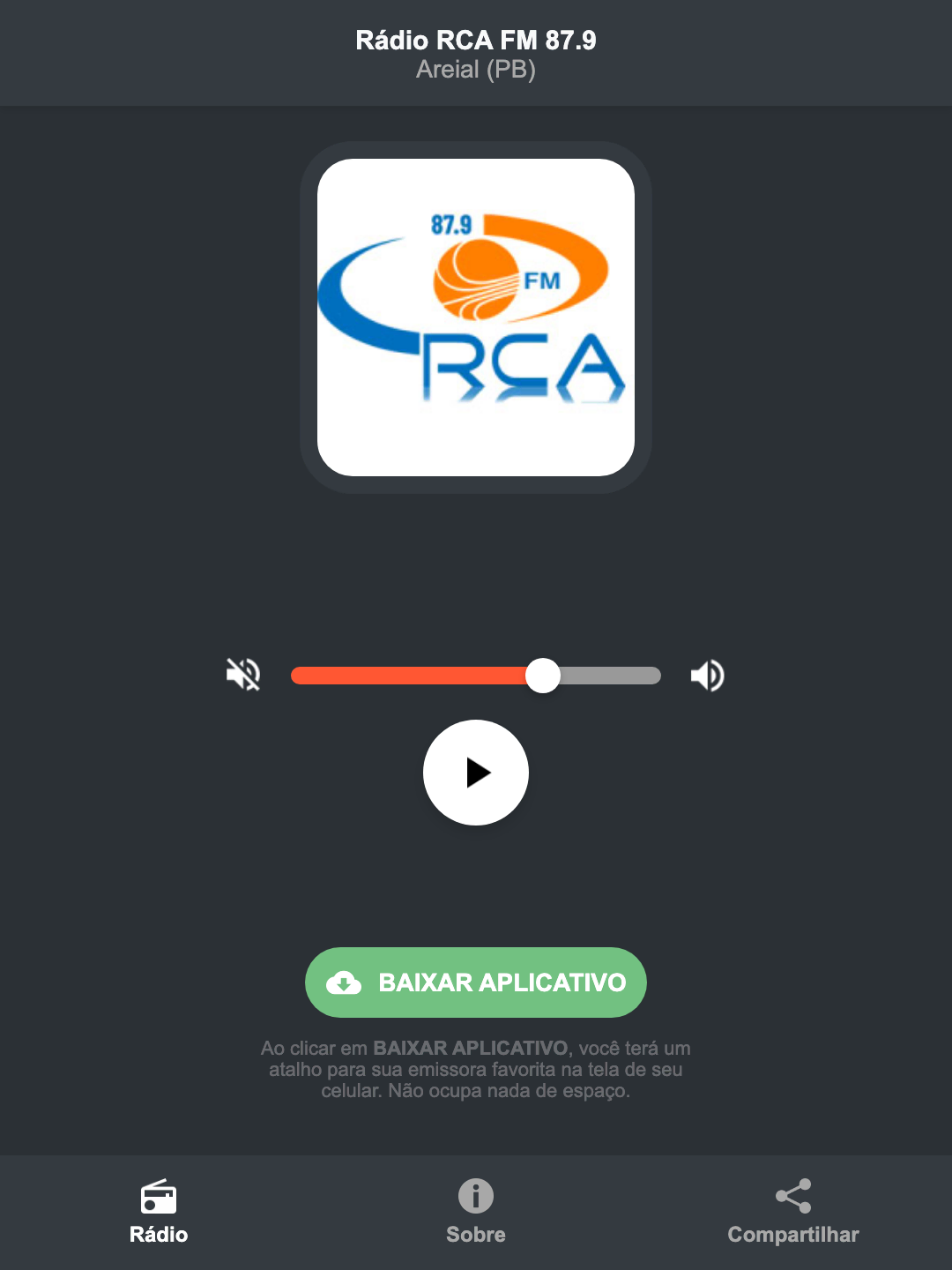 Screenshot do aplicativo da Rádio RCA FM 87.9