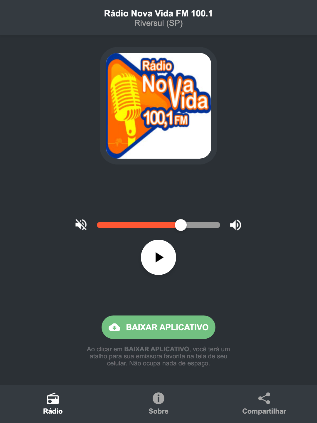 Screenshot do aplicativo da Rádio Nova Vida FM 100.1