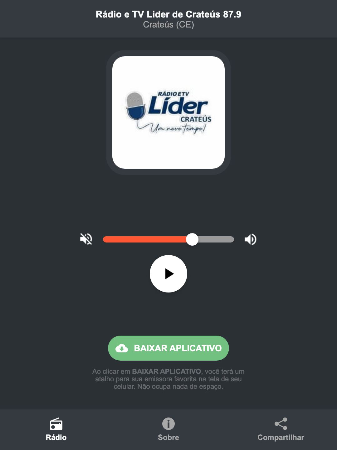 Screenshot do aplicativo da Rádio e TV Lider de Crateús 87.9