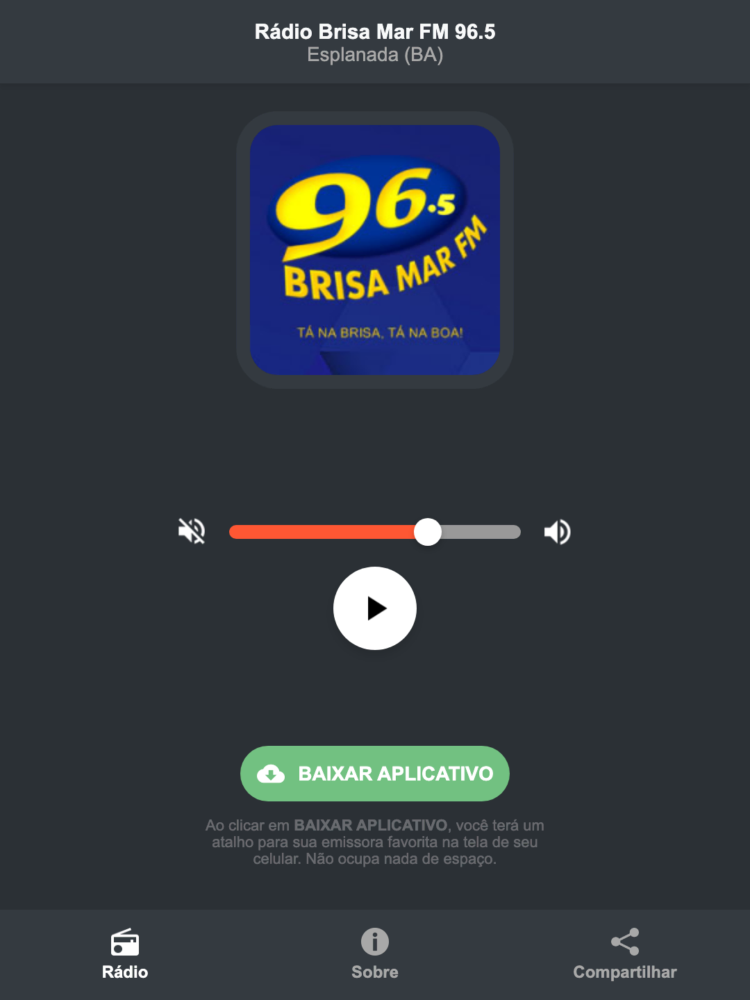 Screenshot do aplicativo da Rádio Brisa Mar FM 96.5