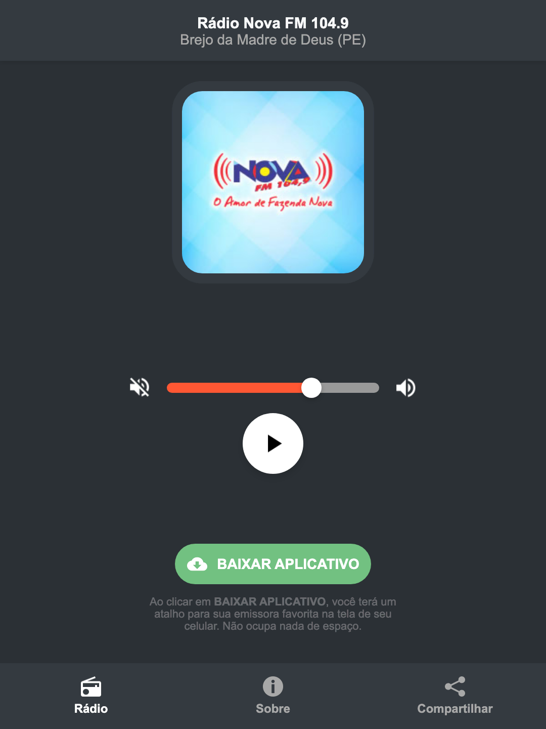 Screenshot do aplicativo da Rádio Nova FM 104.9