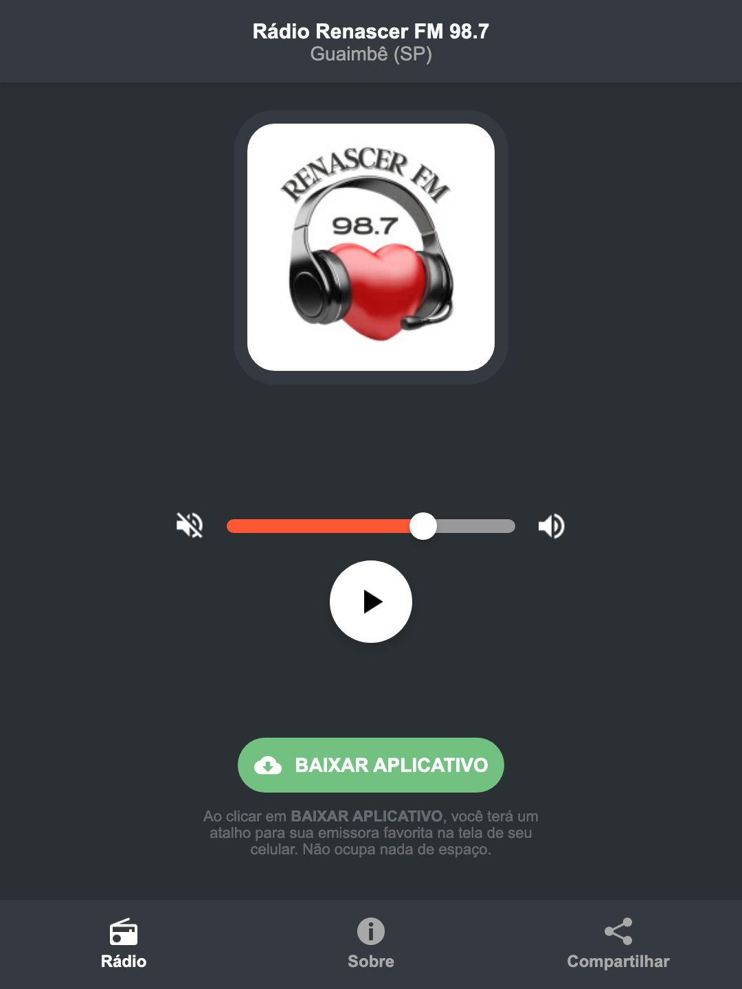 Screenshot do aplicativo da Rádio Renascer FM 98.7