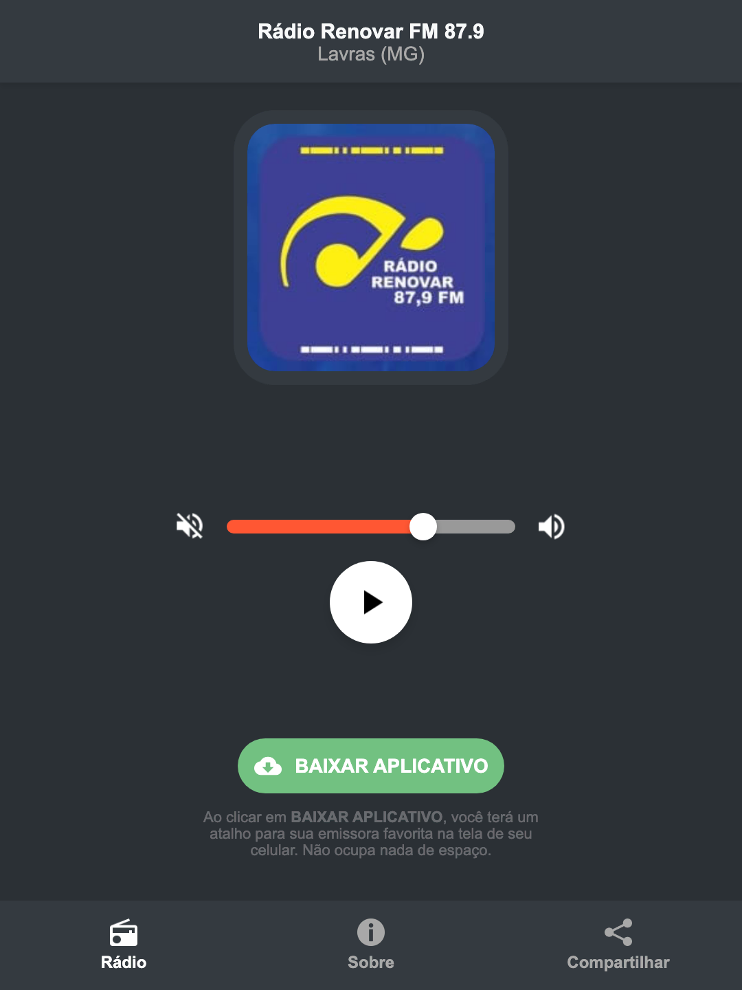Screenshot do aplicativo da Rádio Renovar FM 87.9