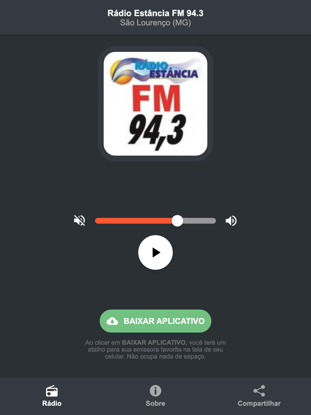 Screenshot do aplicativo da Rádio Estância FM 94.3