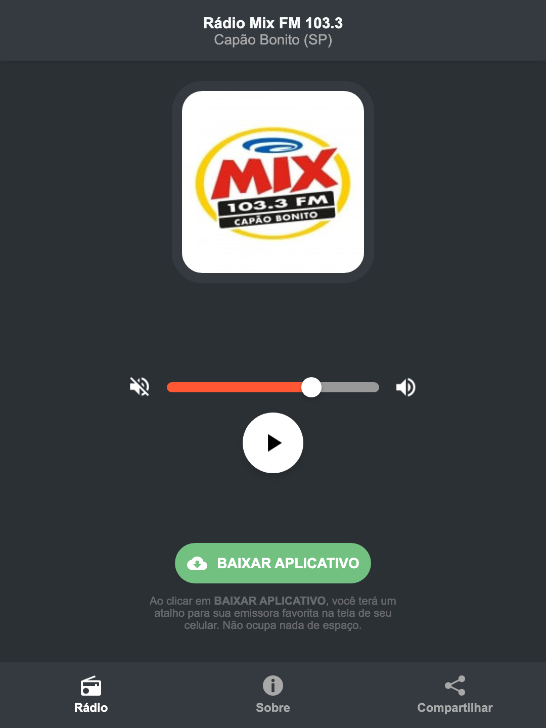 Screenshot do aplicativo da Rádio Mix FM 103.3