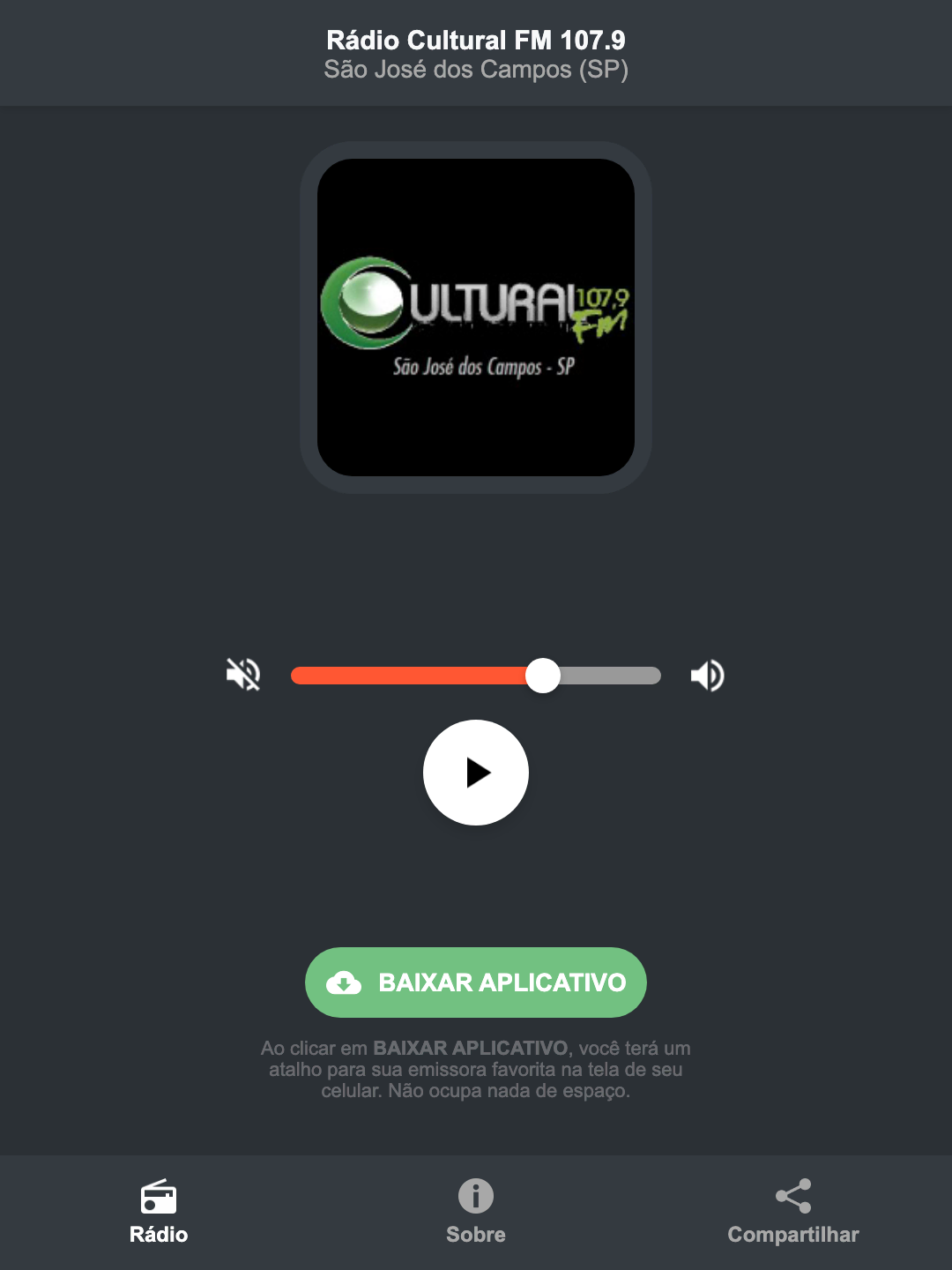 Screenshot do aplicativo da Rádio Cultural FM 107.9