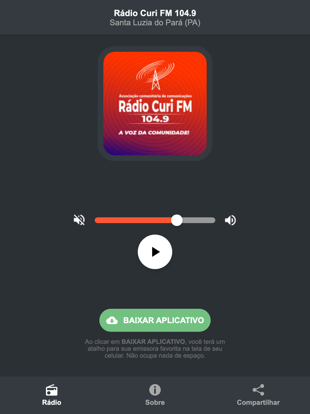 Screenshot do aplicativo da Rádio Curi FM 104.9