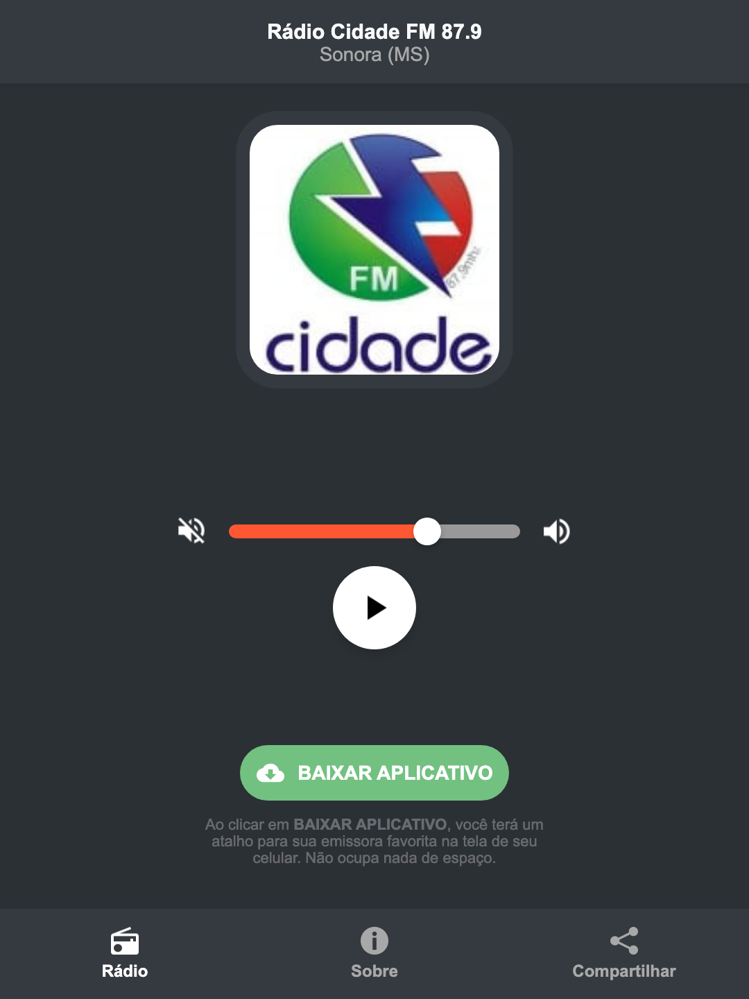 Screenshot do aplicativo da Rádio Cidade FM 87.9