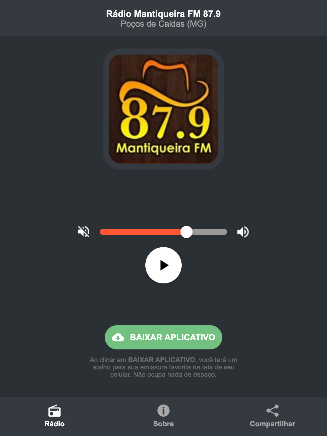 Screenshot do aplicativo da Rádio Mantiqueira FM 87.9