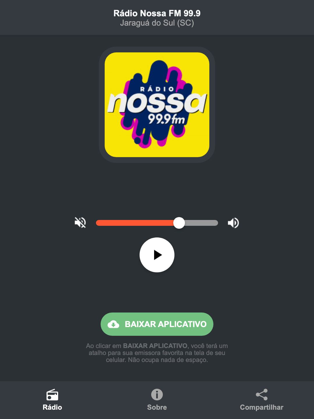 Screenshot do aplicativo da Rádio Nossa FM 99.9
