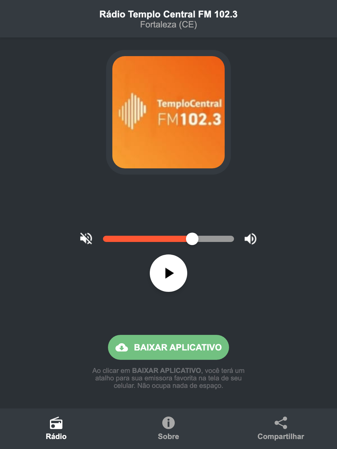 Screenshot do aplicativo da Rádio Templo Central FM 102.3