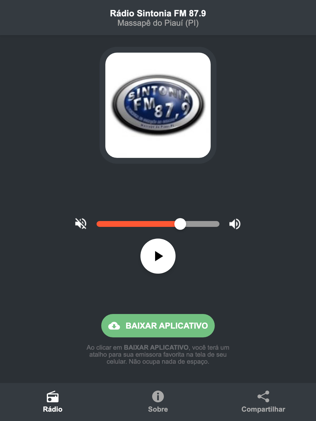 Screenshot do aplicativo da Rádio Sintonia FM 87.9