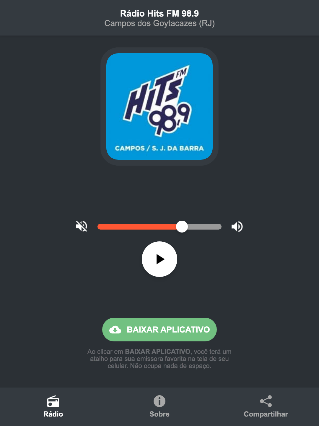 Screenshot do aplicativo da Rádio Hits FM 98.9