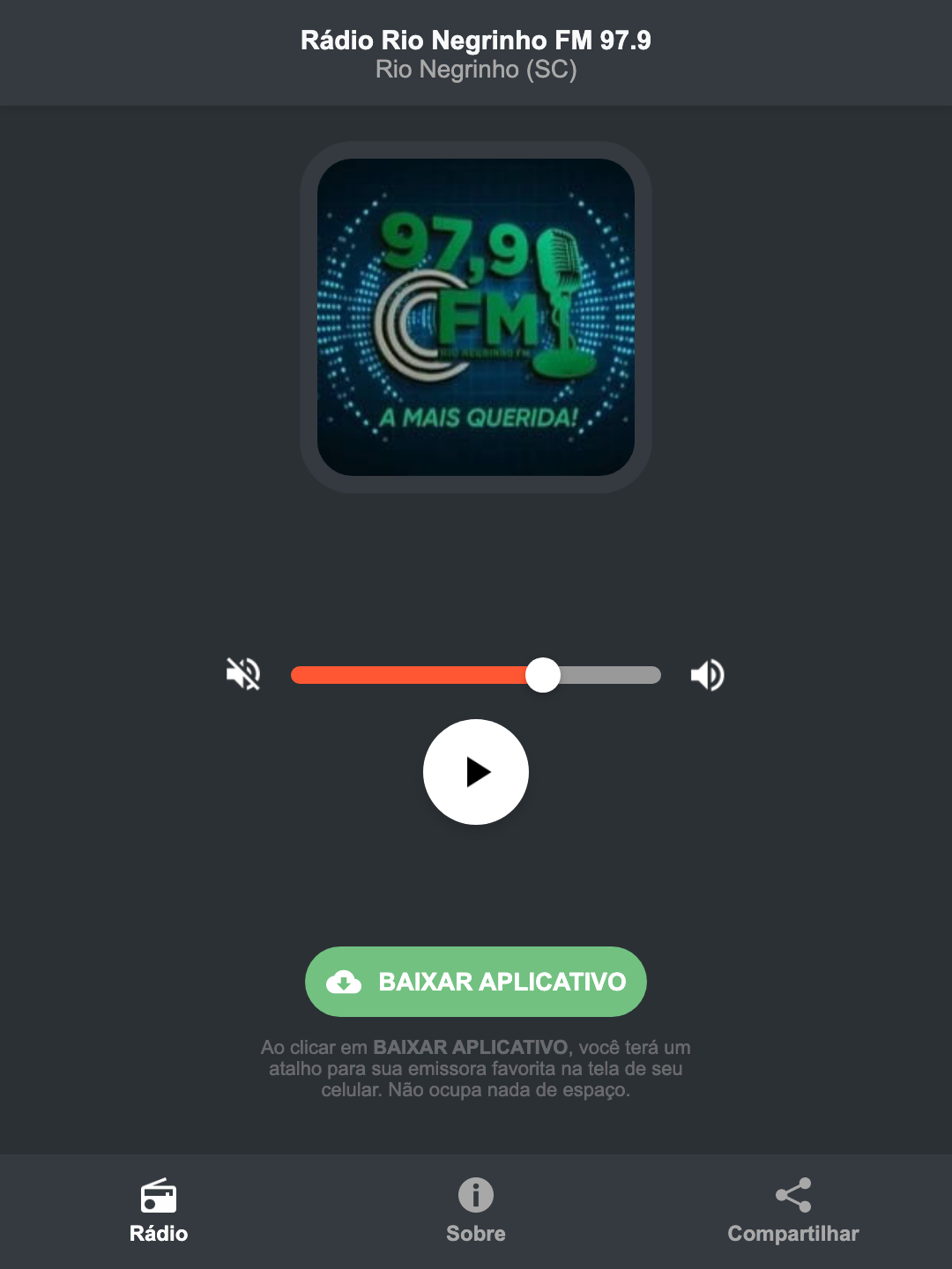 Screenshot do aplicativo da Rádio Rio Negrinho FM 97.9