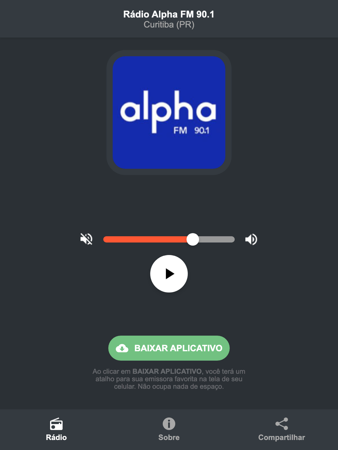 Screenshot do aplicativo da Rádio Alpha FM 90.1