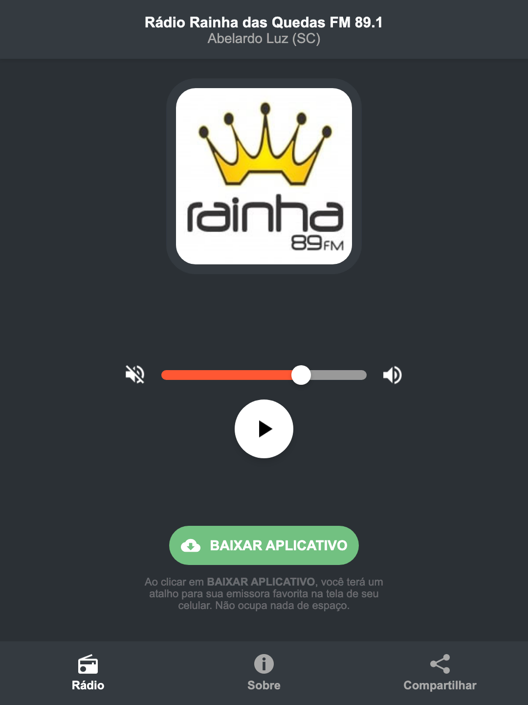 Screenshot do aplicativo da Rádio Rainha das Quedas FM 89.1